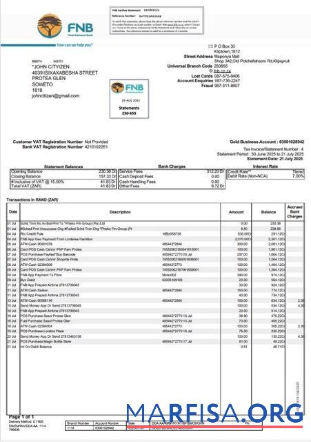 Downloadable South Africa FNB bank statement word download for verification
